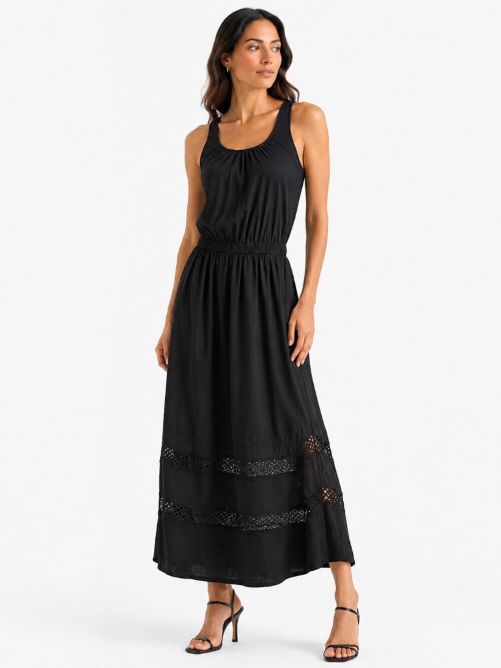 NWT GAP SUMMER 2023 BLACK COTTON HALTER OPEN BACK CROCHET TIERED MAXI DRESS